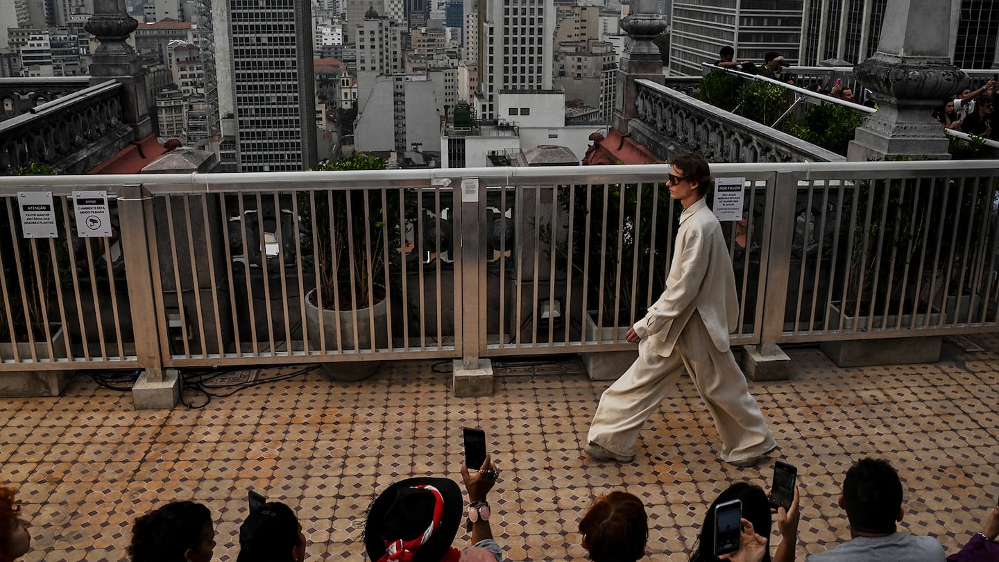 A model at the João Pimenta show at the Martinelli building during São Paulo Fashion Week in São Paulo, Brazil on April 14, 2024.